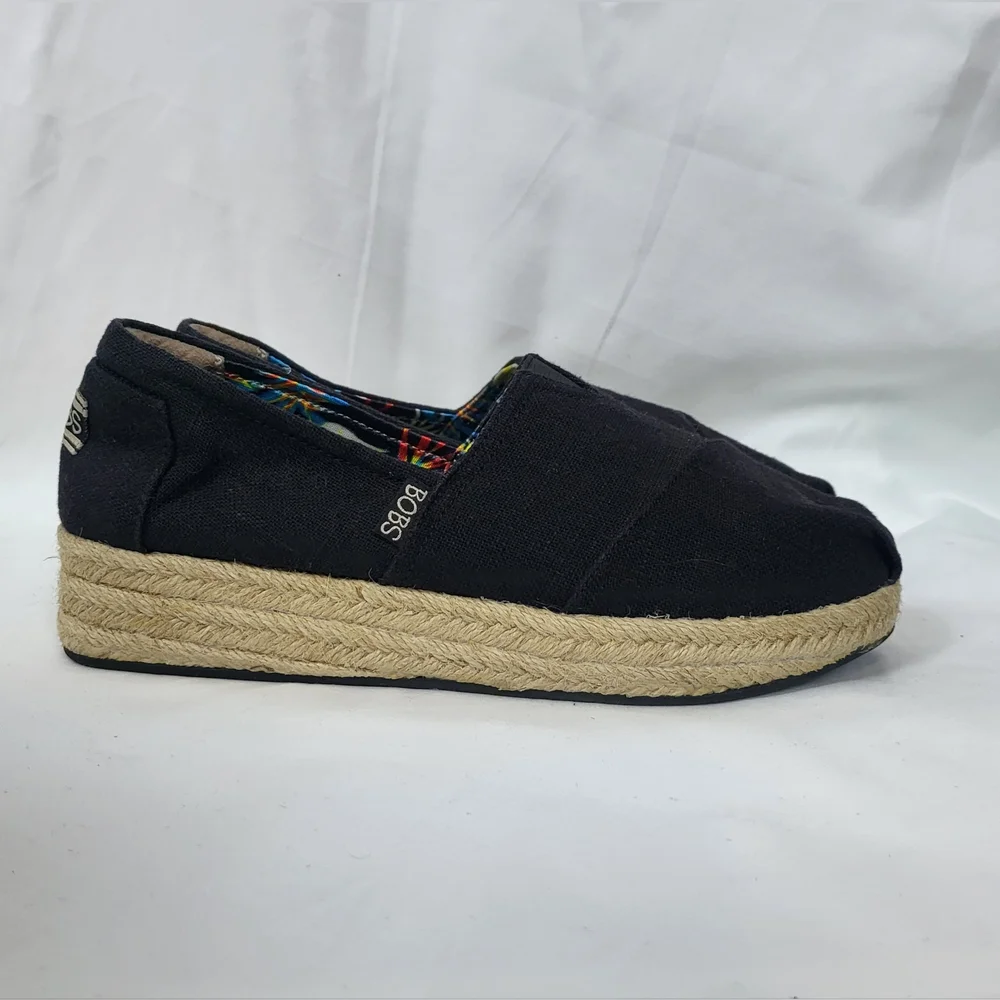 Bobs Skechers Womens Black Highlights‎ Memory Foam Slip On Espadrille Wedge 8.5M